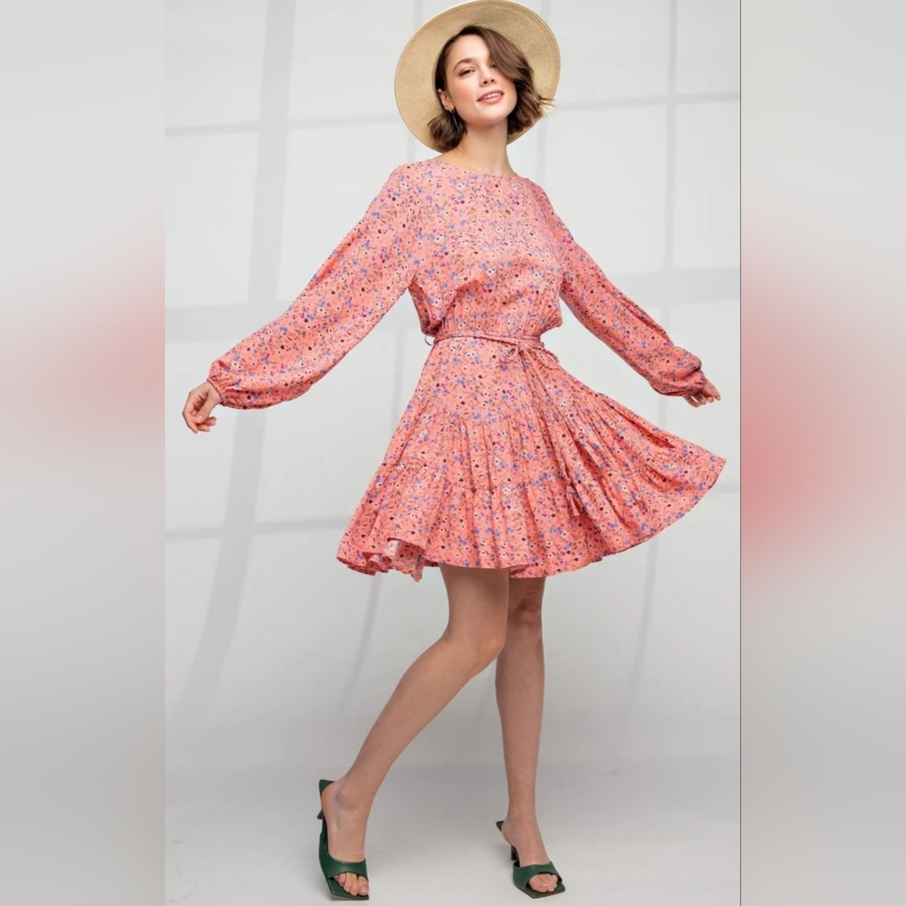 Easel Floral Long Bell Sleeve Sun-Dress With Braided Belt And Elegant Flare